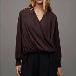 All Saints Abi Sleeve Draped Wrap Over Top Size 8 Purple V-Neck Silky Blouse